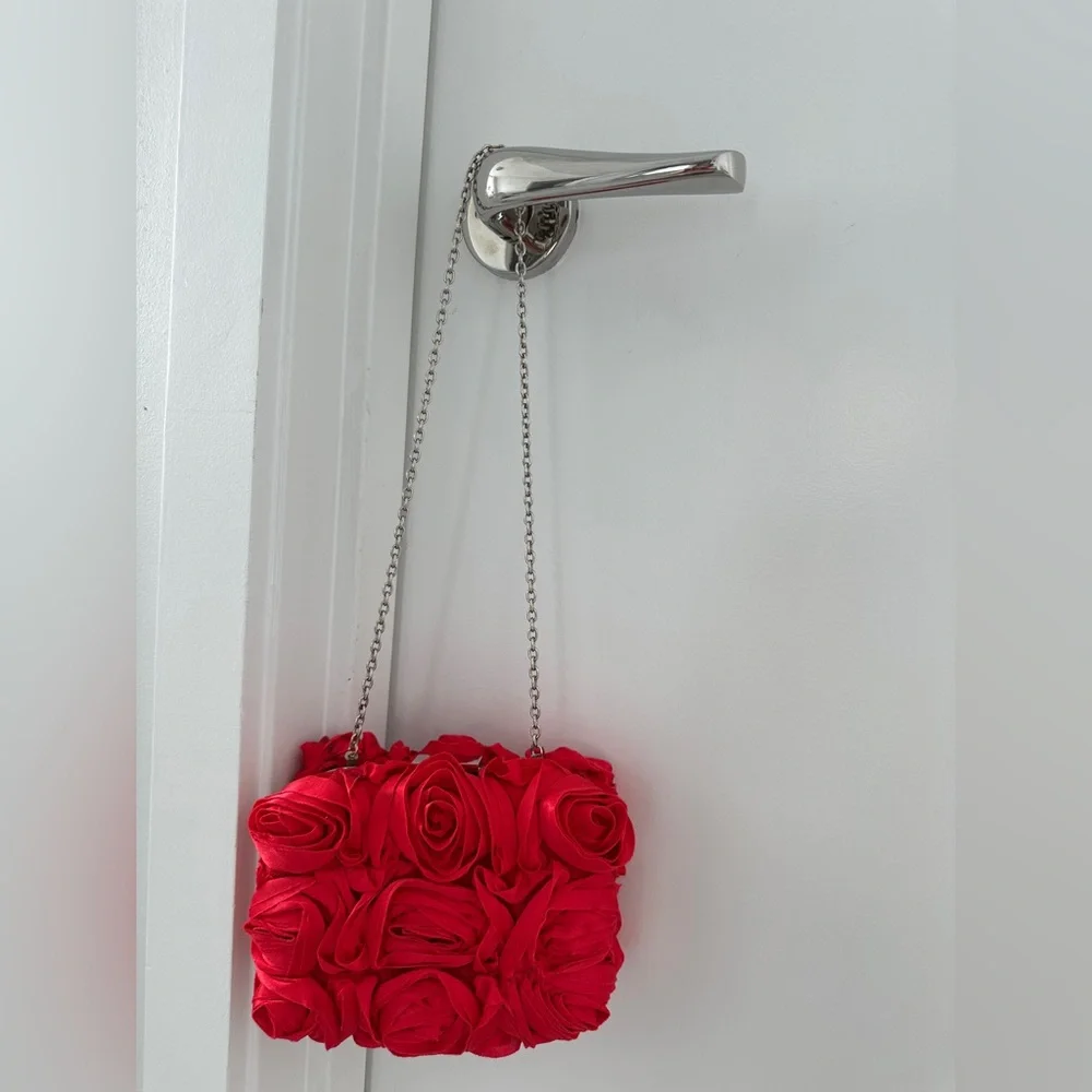 Red Floral Evening Bag with Chain Strap